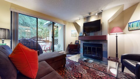 Living area with woodburning fireplace