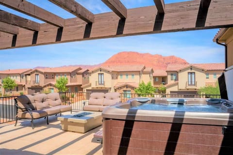 Gorgeous balcony patio with fire pit, private hot tub and view