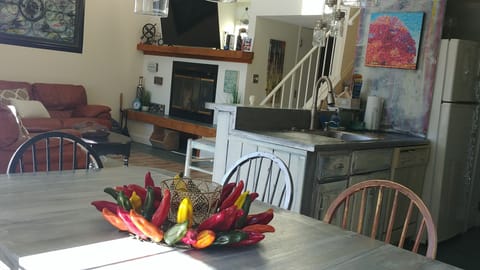 kitchen, dining and living room combination.