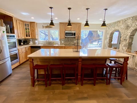 Kitchen - Professional kitchen, with polished stone counters, double oven, rock wall, stainless appliances. Bright & light. Huge 8 person bar counter.