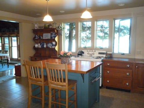 Kitchen with window over looking the lake