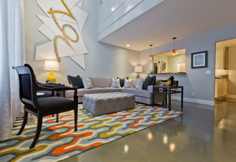 Living room, large ottoman and comfortable sofa