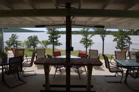 Lake view from the house & our newly constructed patio bar table (Spring 2020)