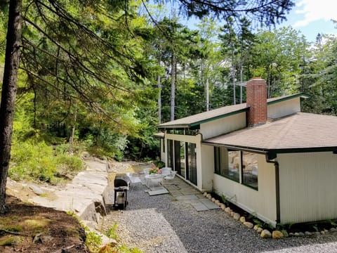 Quiet patio in the woods with BBQ grill and plenty of seating