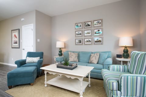 Living area with comfortable pull out sleeper sofa.