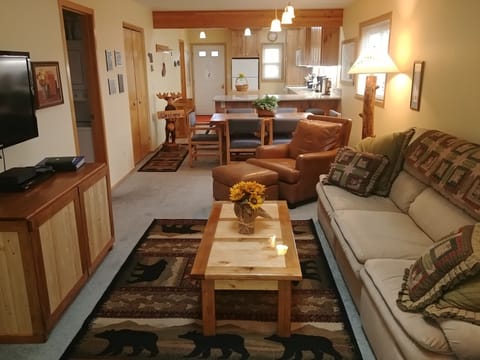 Living room, dining room and kitchen