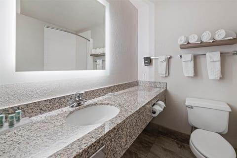 Combined shower/tub, free toiletries, hair dryer, towels