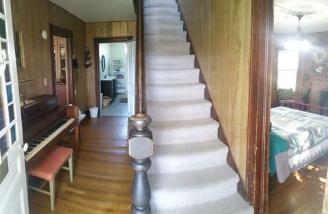 Downstairs hall / steps / bedroom. View from front door on porch