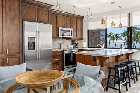 Fully applianced gourmet kitchen.