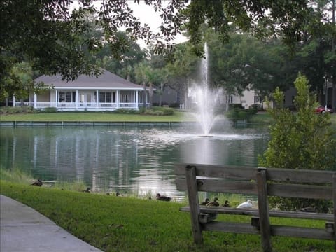 View of clubhouse and duck pond.