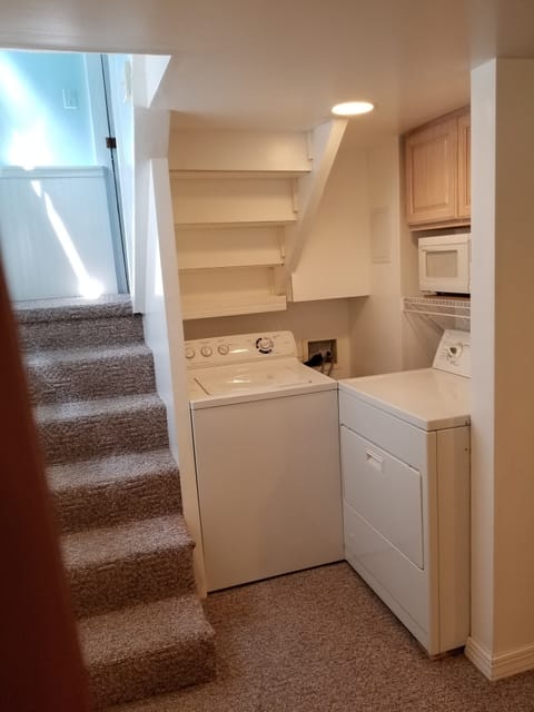 Washer & Dryer, for your convenience, Soap, Bleach, Stain remover, dryer sheets.