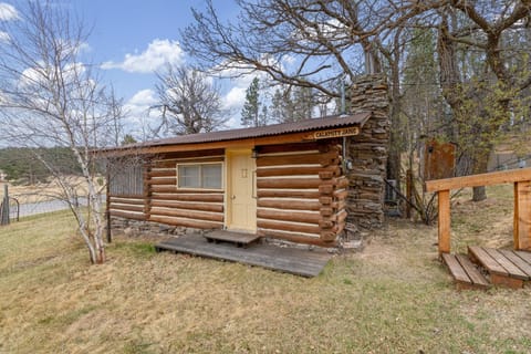 Historic log cabin exterior with weathered yellow door, stone chimney, and bare trees on grassy yard.
