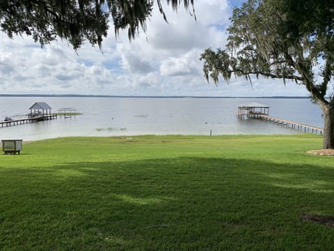 105 feet on Lake Weir. Tie your vessel up to bottom anchors right in back yard!
