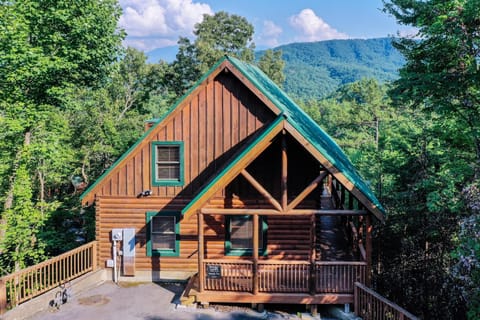 Log cabin exterior with green-trimmed windows and a covered porch nestled among dense trees and mountain views.