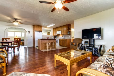 View from living room through kitchen, dining room and family room