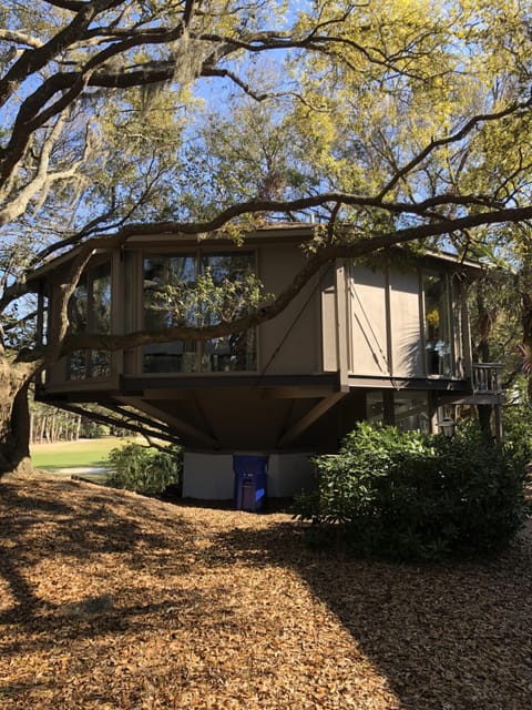 Exterior view from top of stairs near parking area