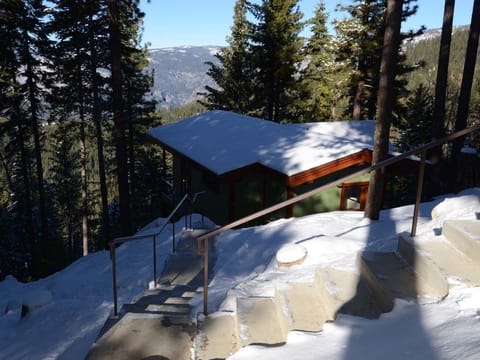 Private parking and concrete stairs lead to our secluded cottage in Yosemite