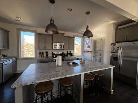 Huge island for eating and prepping food. 