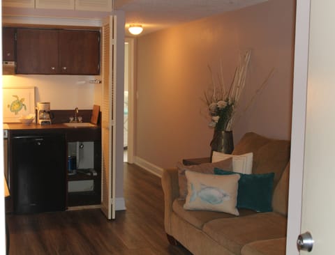 Den area with Kitchenette frig coffee maker and stove