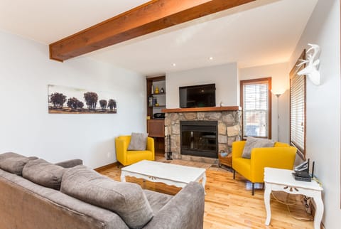Living room with a fireplace and a sofa bed