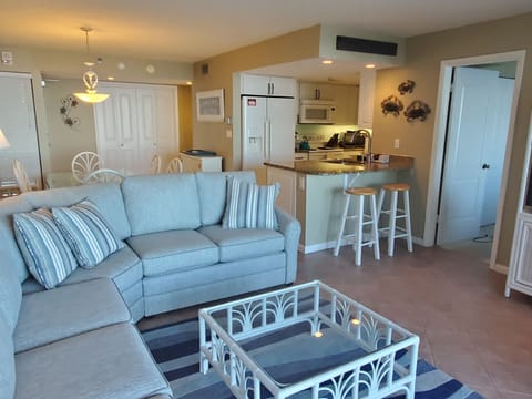 Living area, kitchen and dining