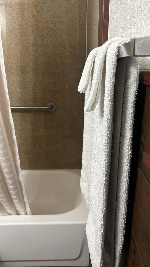 Combined shower/tub, rainfall showerhead, bidet, towels