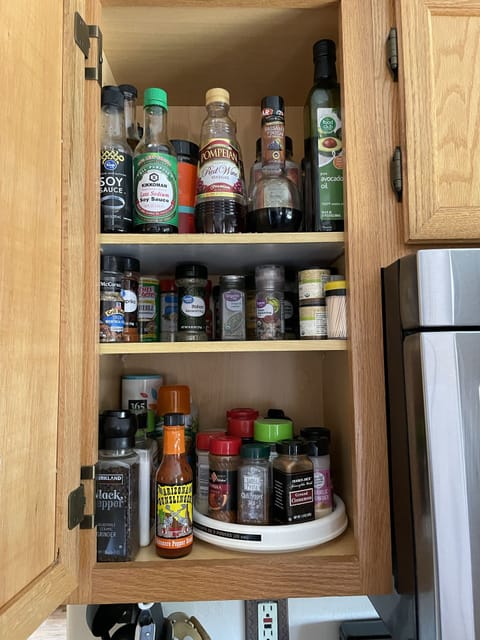 The spice and condiment cabinet is well stocked! (Note: this varies at times)