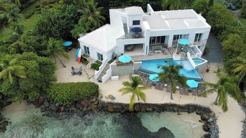 Twelve reclining chairs wait for you on the beach. 