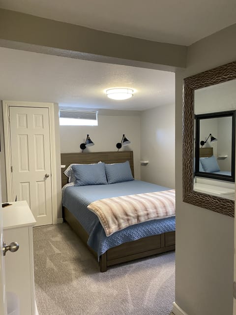 Memory foam queen mattress, light-blocking shades, electric fireplace,  closet.
