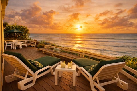 Oceanfront deck with lounge chairs and dining for sunsets and ocean views.