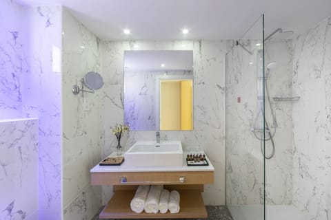 Shower, rainfall showerhead, free toiletries, hair dryer