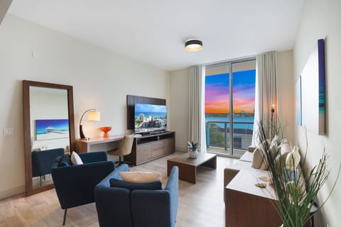 Premium Condo, 2 Bedrooms, Marina View | Living area | 31-inch flat-screen TV with cable channels, TV, Netflix