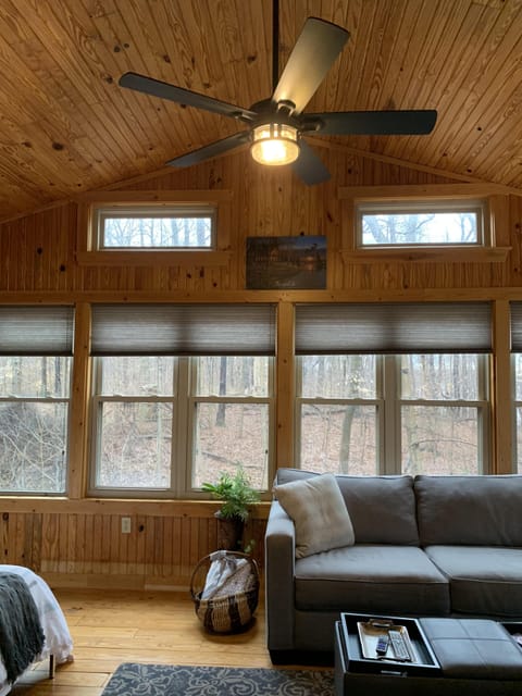 vaulted great room with lake view