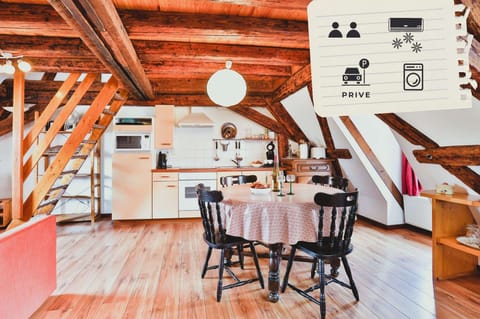 Venez découvrir ce grand duplex au 2e étage d'une maison à colombages avec vue sur les nids de cigognes