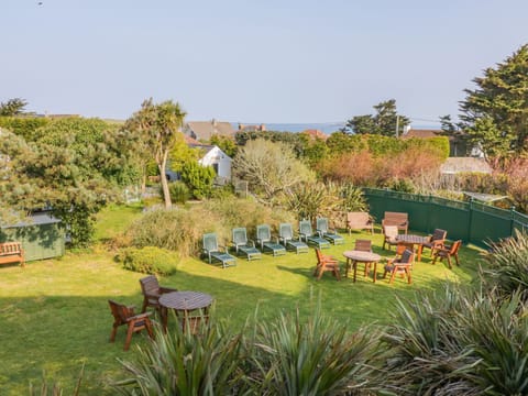 Sunny Garden with Chairs, Tables and Sun Loungers
