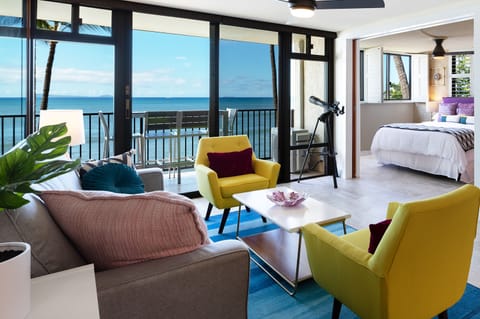 Modern furniture and a gorgeous ocean view from the living room.