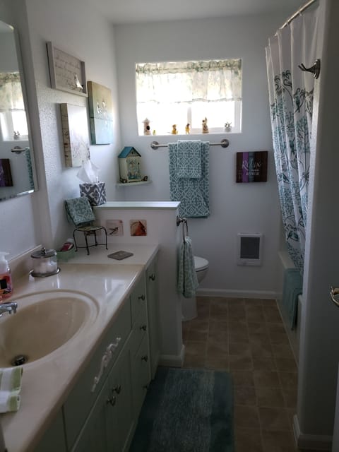 Bathroom with bathtub/ shower combo.