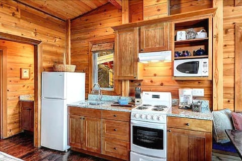 Full-size fridge, oven, stovetop, coffee/tea maker