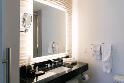 Shower, rainfall showerhead, designer toiletries, hair dryer