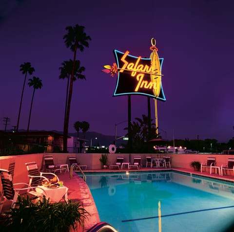 Outdoor pool, a heated pool, sun loungers