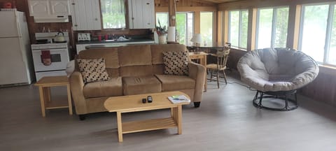 Overall view of the Kitchen, Dining and Living area.