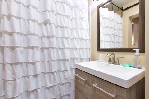 Blue Ridge Single Queen | Bathroom | Shower, rainfall showerhead, free toiletries, hair dryer