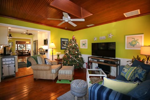 Airy rear family room with pine planking hardwood floor. 50 inch smart TV