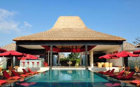 Indoor pool, outdoor pool, pool umbrellas