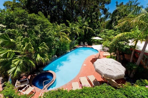 Outdoor pool, pool umbrellas, sun loungers