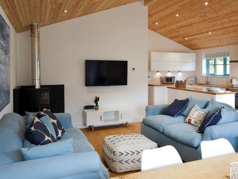 Open plan living space with beams and wooden floor | Eagle Owl Lodge, St Columb Major, near Padstow