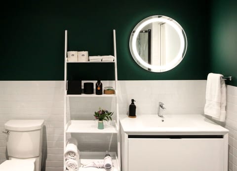 Shower, rainfall showerhead, hair dryer, bathrobes