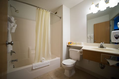 Combined shower/tub, free toiletries, hair dryer, towels