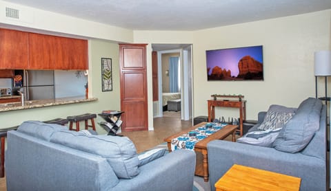 Living room with 55" Roku TV,  queen-sized sleeper, loveseat & blackout curtains