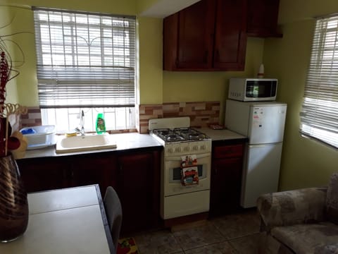 Fridge, microwave, electric kettle, cookware/dishes/utensils